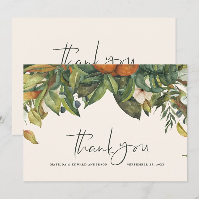 Script elegant wedding thank you citrus botanical card (Front/Back)
