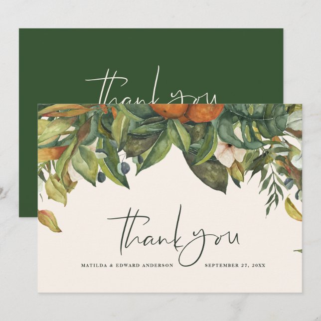 Script elegant wedding thank you citrus botanical card (Front/Back)