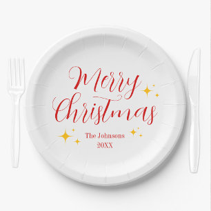 Script Elegant White Custom Merry Christmas Party Paper Plates