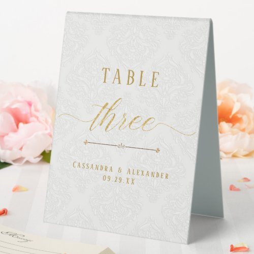 Script Elegant White Lace Gold 3 Three Wedding Table Tent Sign