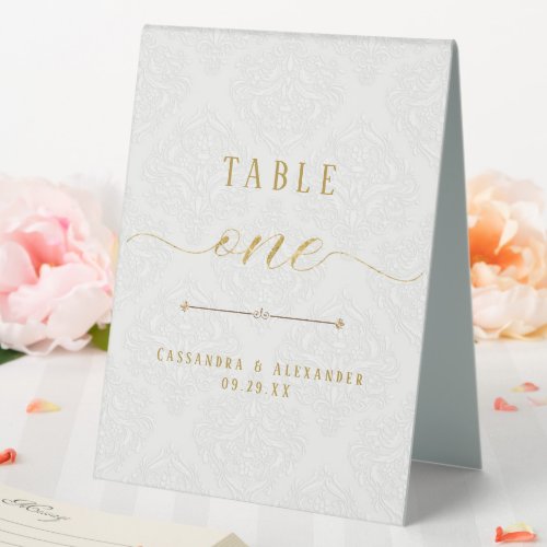 Script Elegant White Lace Gold One 1 Wedding   Table Tent Sign