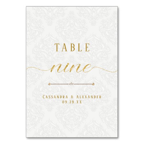 Script Elegant White Lace Gold Wedding Nine 9 Table Number