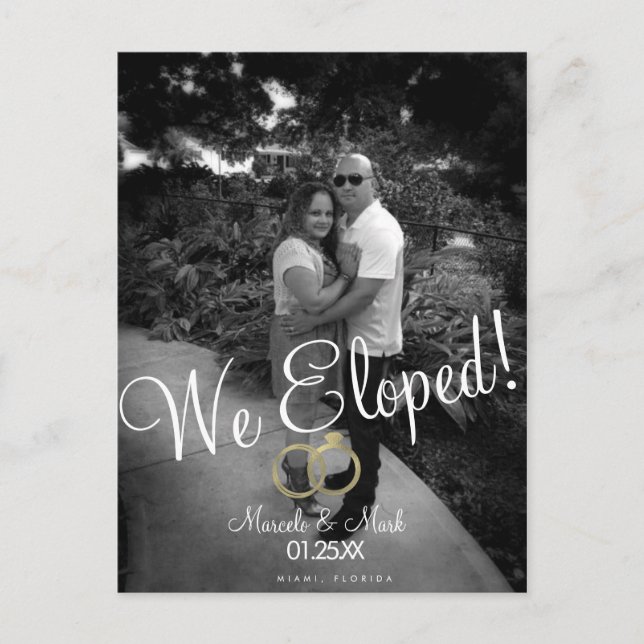 Script Eloped Black White Photo Faux Gold Ring Postcard (Front)