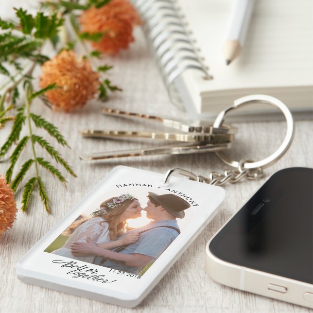 Script Engagement Photo Better Together Custom Keychain (Front Right)