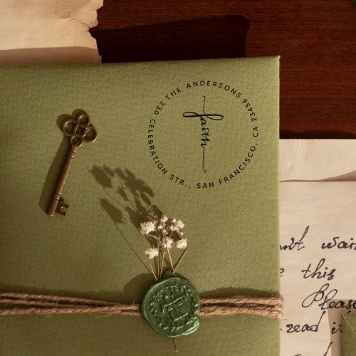 Script Faith Cross Round Return Address Self_inking Stamp