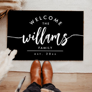 Script Family Name Modern Black Personalized Doormat