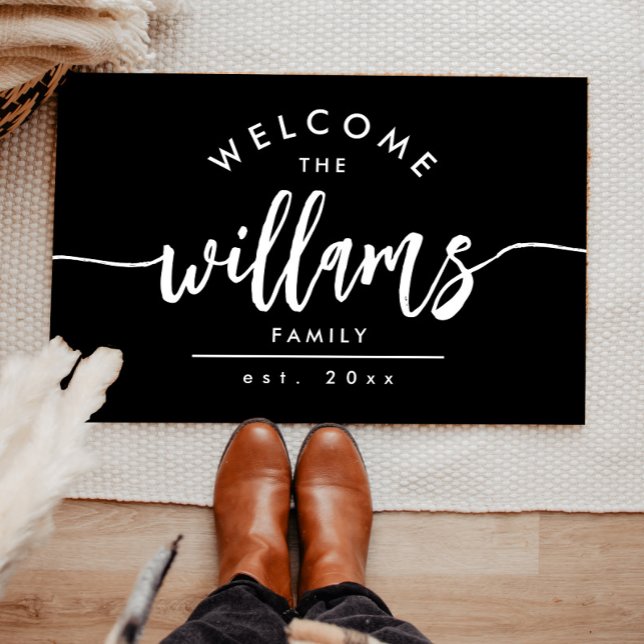 Script Family Name Modern Black Personalized Doormat (Creator Uploaded)