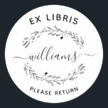 Script Family Name Rustic Leaves Ex Libris Book Classic Round Sticker<br><div class="desc">Create your own Rustic Leaves Script Family Name Ex Libris Book bookplate with our easy-to-use template! Featuring hand-drawn rustic leaves with stylish script and simple sans-serif typography. Simply click on "Personalize this template" and add your own family name in the field provided.</div>
