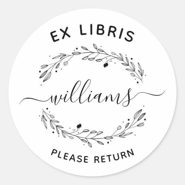 Script Family Name Rustic Leaves Ex Libris Book Classic Round Sticker (Front)