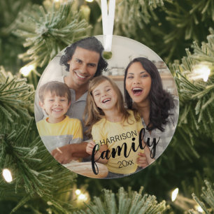 Script FAMILY Photo Personalized Keepsake Glass Ornament