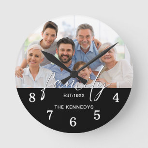 Script Family Typography Name Photo Black White Round Clock