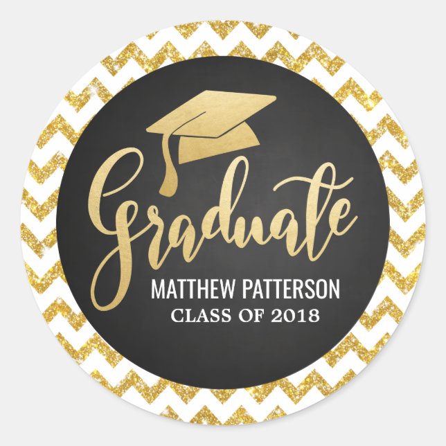 Script Faux Gold Foil Graduate Hat Glitter Chevron Classic Round Sticker (Front)
