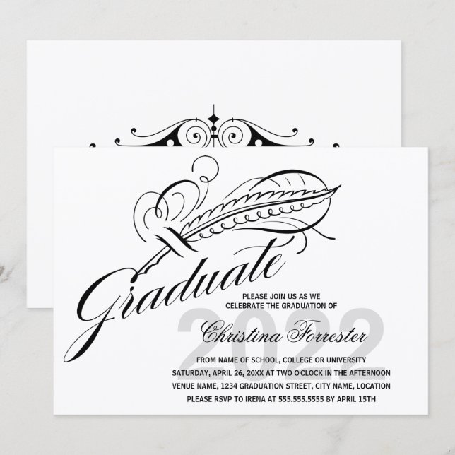 Script Feather Quill Graduation Invitation (Front/Back)