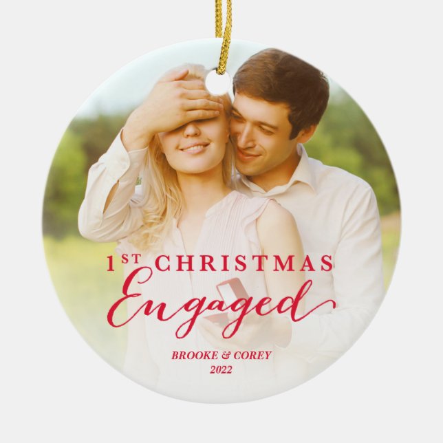 Script First Christmas Engaged Holiday Photo Ceramic Ornament (Front)