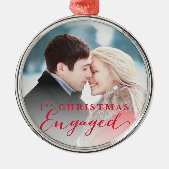 Script First Christmas Engaged Holiday Photo Metal Ornament (Front)
