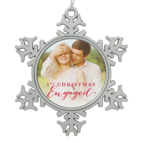 Script First Christmas Engaged Holiday Photo Snowflake Pewter Christmas Ornament