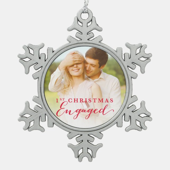 Script First Christmas Engaged Holiday Photo Snowflake Pewter Christmas Ornament (Front)