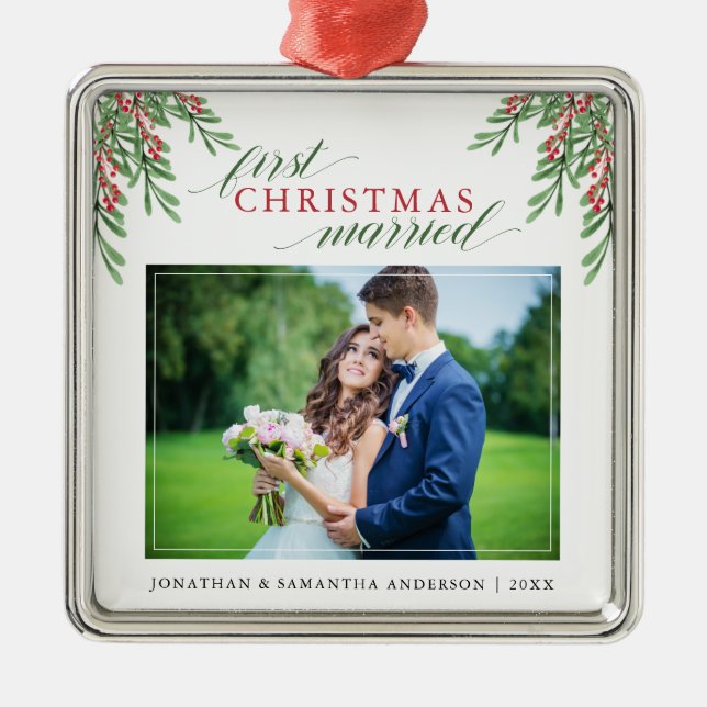 Script First Christmas Married Photo Metal Ornament (Front)
