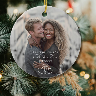 Script First Christmas Mr & Mrs Wedding Photo Ceramic Ornament