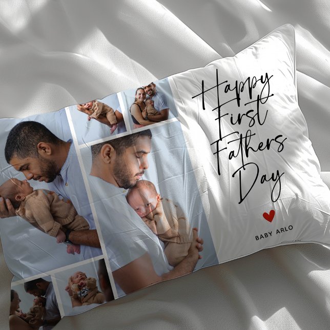 Script First Father's Day Photo Collage Gift Lumbar Pillow (Creator Uploaded)