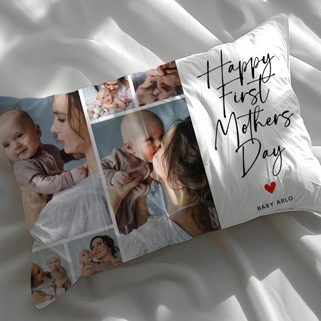 Script First Mother's Day Photo Collage Gift Lumbar Pillow (Creator Uploaded)