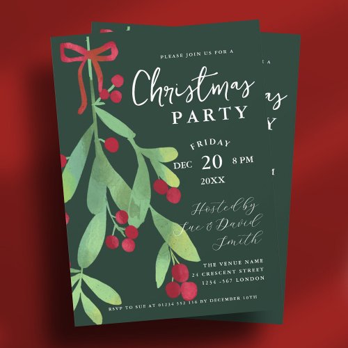 Script Floral Mistletoe Xmas Holiday Party Green Invitation