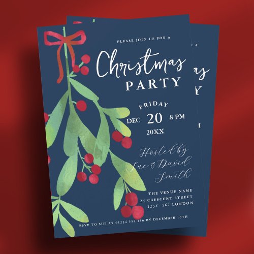 Script Floral Mistletoe Xmas Holiday Party Navy  Invitation