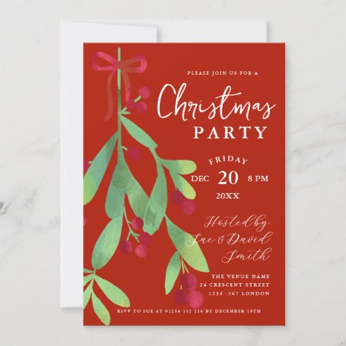 Script Floral Mistletoe Xmas Holiday Party Red Invitation