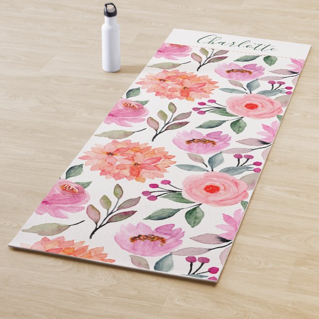 Script Floral Print Peach Blush Pink Yoga Mat (In Situ)