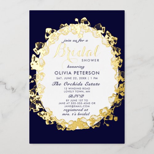 Script Floral Wreath Orchids Navy Bridal Shower Foil Invitation