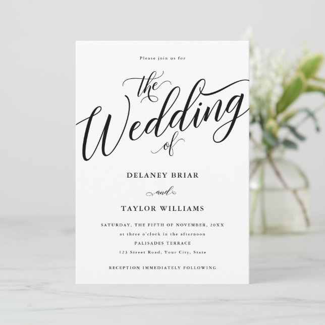 Script Flourish Modern Black and White Wedding Invitation (Standing Front)