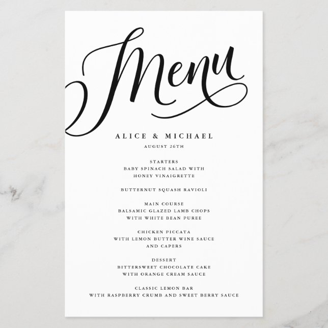 Script Flourish Personalized Black Paper Menu (Front)