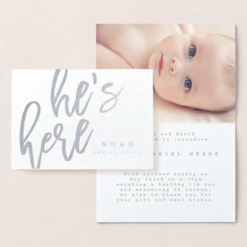 SCRIPT FONT HES HERE BIRTH ANNOUNCEMENT CARD