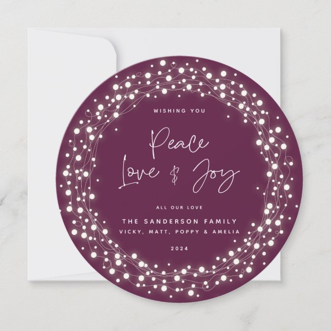 Script Font Peace Love+Joy Sparkling Lights Holiday Card (Front)