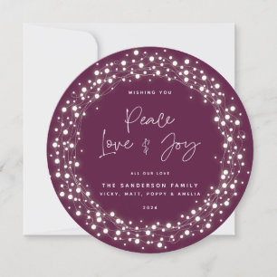Script Font Peace Love+Joy Sparkling Lights Holiday Card