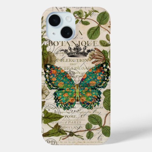 script french country botanical monarch butterfly iPhone 15 case