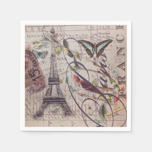 Script French country butterfly Paris Eiffel Tower Paper Napkins