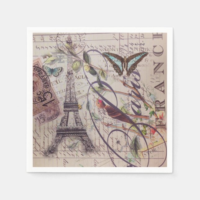 Script French country butterfly Paris Eiffel Tower Paper Napkins (Front)