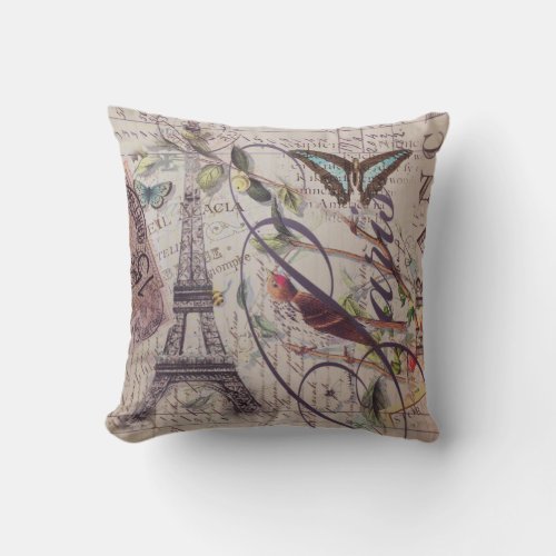 Script French country butterfly Paris Eiffel Tower Throw Pillow