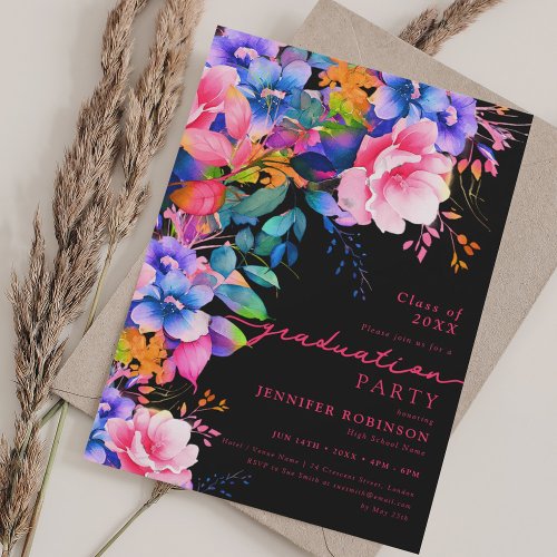 Script Garden Floral Graduation Party Black Invitation