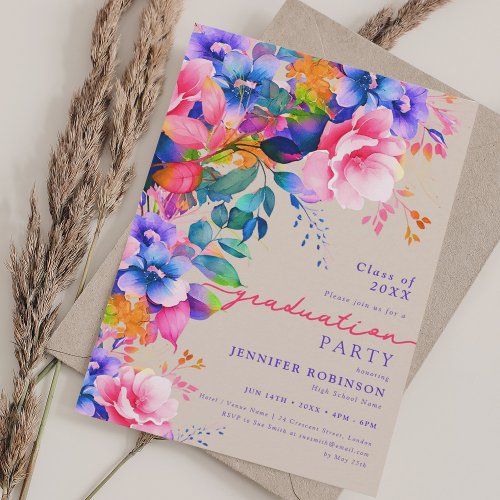 Script Garden Floral Graduation Party Champagne  Invitation