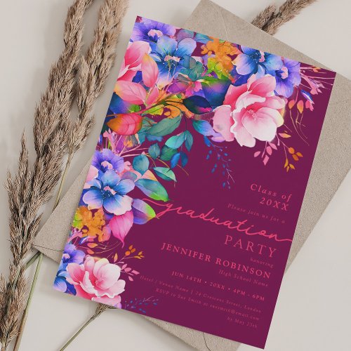 Script Garden Floral Graduation Party Magenta Invitation