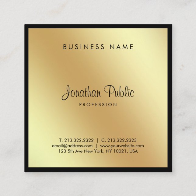 Script Glam Black Gold Fashionable Professional Square Business Card (Front)