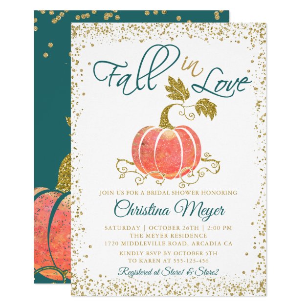 Script Glitter Pumpkin Fall In Love Bridal Shower Invitation