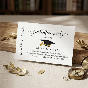 Script Gold Black Watercolor Cap Graduation Party Enclosure Card