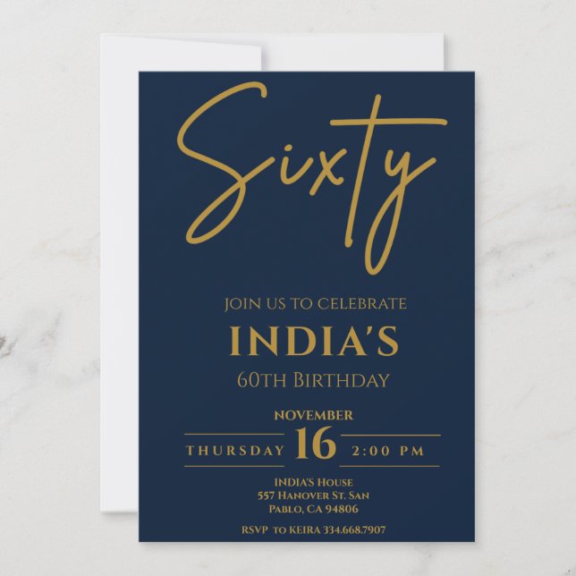 Script Gold & Blue 60th Birthday party Invitation (Front)