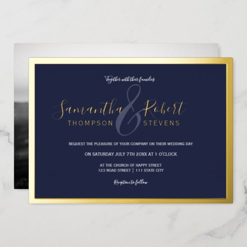 Script gold border navy blue photo wedding foil invitation