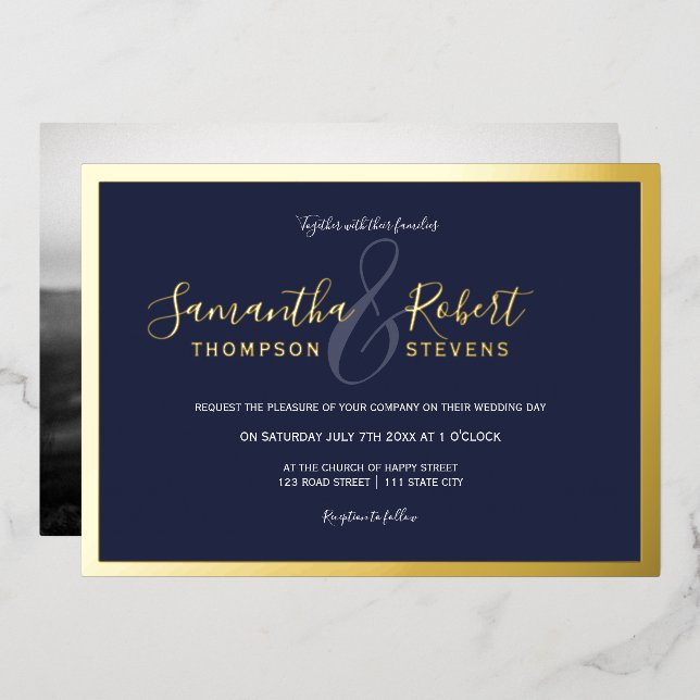 Script gold border navy blue photo wedding foil invitation (Front/Back)