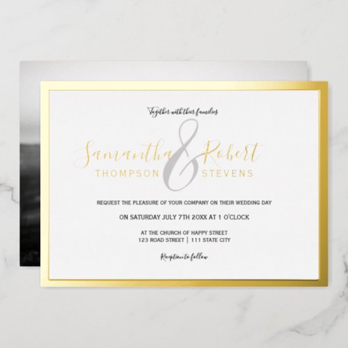 Script gold border white photo wedding foil invitation