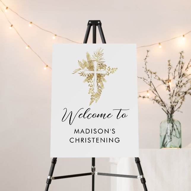 Script Gold Cross Christening Welcome Sign (In Situ (Stand))